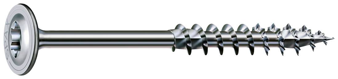 Metallschraube mit Linsenkopf und scharfem Gewinde für Holzverbindungen, in Nahaufnahme von der Seite gezeigt.