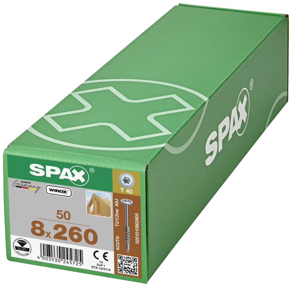 Verpackung von SPAX-Schrauben, 50 Stück, Größe 8x260 mm, geeignet für Holz, mit Gütesiegeln und Strichcode auf der Seite.