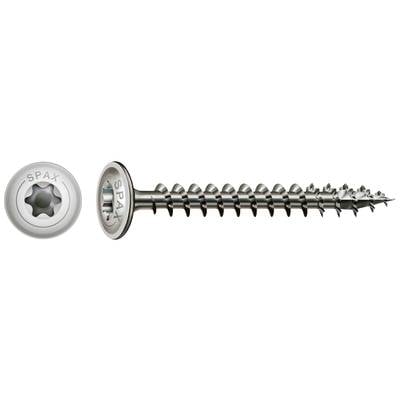 Schraube mit Torx-Linsenkopf und scharfen Gewinden, geeignet für Holzverbindungen. Markierung 'SPAX' auf dem Kopf sichtbar.