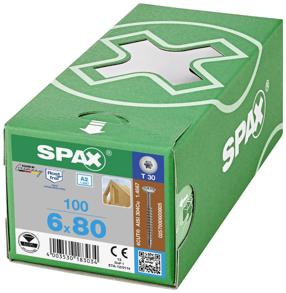 Grüne Schachtel "SPAX" mit 100 Schrauben, Größe 6x80 mm, rostfrei, für Holzverbindung. Verpackung mit Sicherheits- und Qualitätskennzeichen.