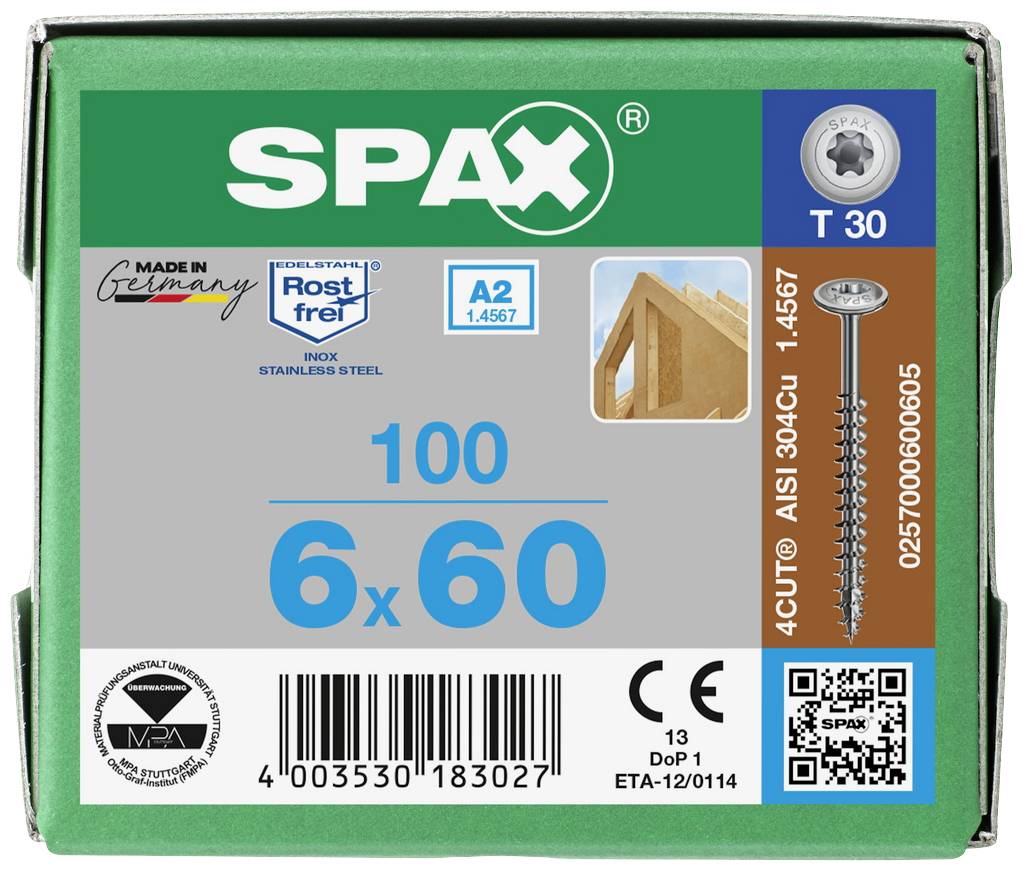 'SPAX' Schraubenverpackung mit Größe '6 x 60', Edelstahl A2, rostfrei. Oben links 'Made in Germany'. Verpackung hat grünen Hintergrund.