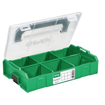 Geöffnete grüne Sortimentsbox mit sechs Fächern und transparentem Deckel, geeignet zur Aufbewahrung von Schrauben oder Kleinteilen.