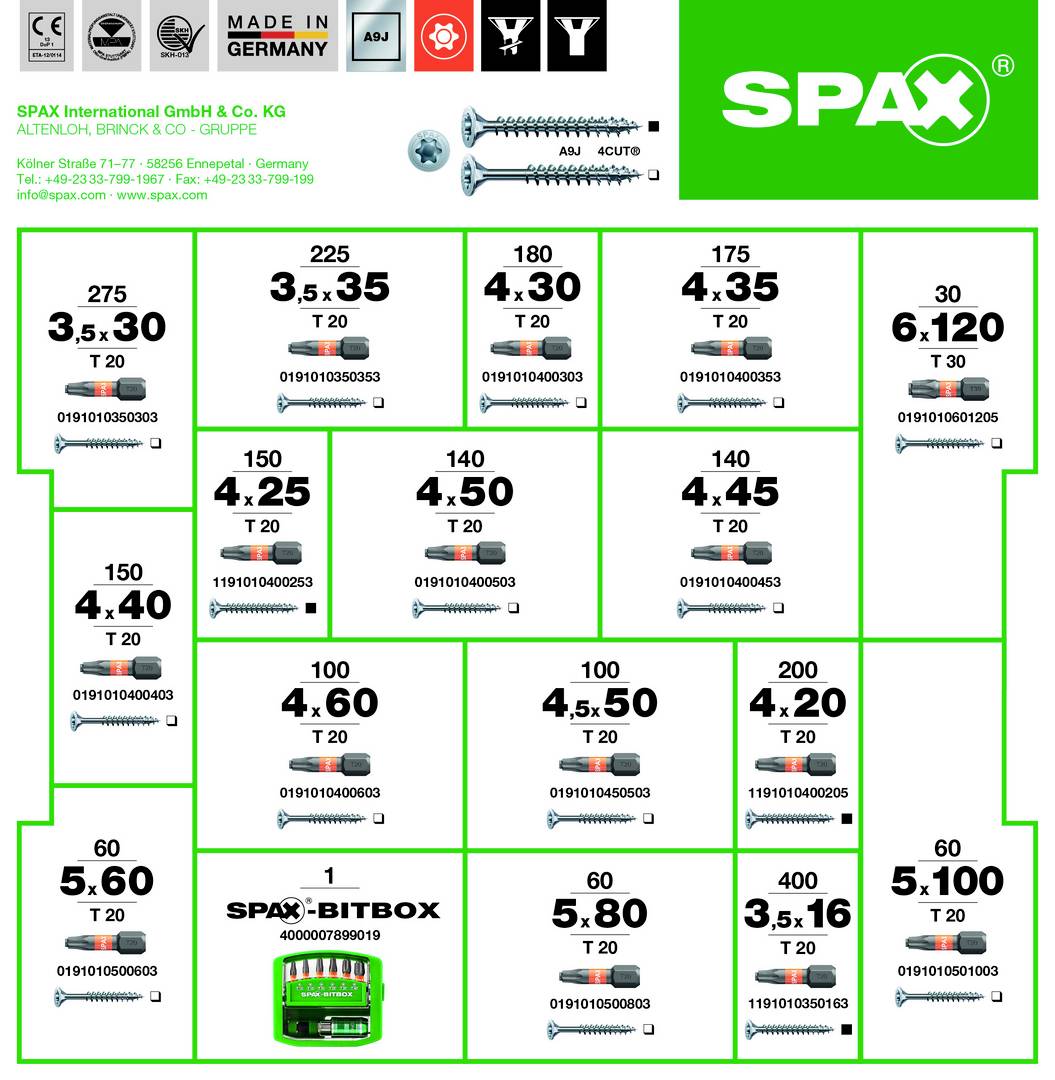 Übersicht verschiedener SPAX-Schrauben mit Größen, Typen und Verpackungseinheiten. Enthält Produktnummern und Preisinformationen.
