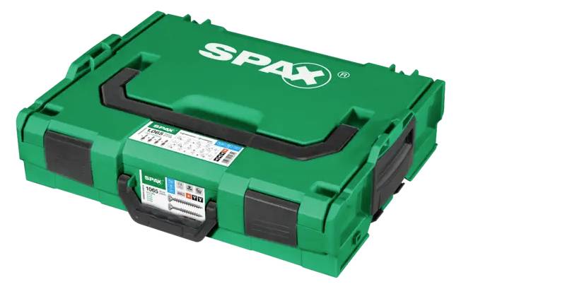 Eine grüne Werkzeugkiste mit dem 'SPAX' Logo auf der Oberseite und einer Seitenetikette, die Produktinformationen und Spezifikationen anzeigt.