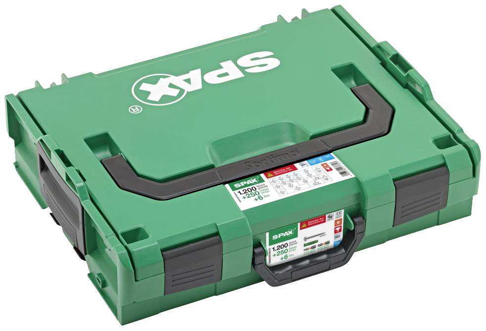 Ein grüner Werkzeugkoffer der Marke Spax mit schwarzem Griff. Aufkleber zeigt Anzahl und Größe der enthaltenen Schrauben.