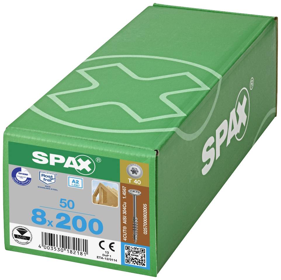 Grüne Verpackung mit SPAX-Logo, zeigt Produktinformation: 50 Schrauben, Größe 8x200 mm, geeignet für Holzverbindungen, T40 Kopf.