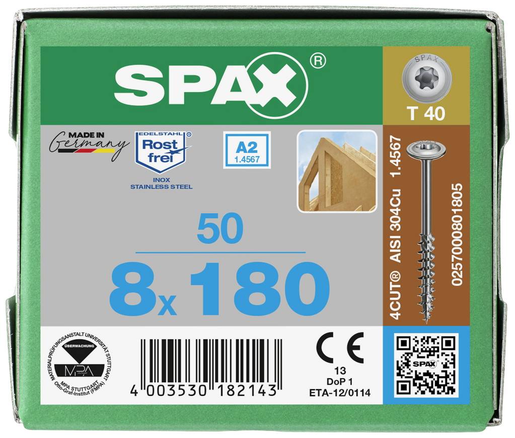 Verpackung SPAX-Schrauben. '8 x 180', 50 Stück, Edelstahl A2, rostfrei. Zertifikate und Barcode befinden sich ebenfalls auf der Verpackung.