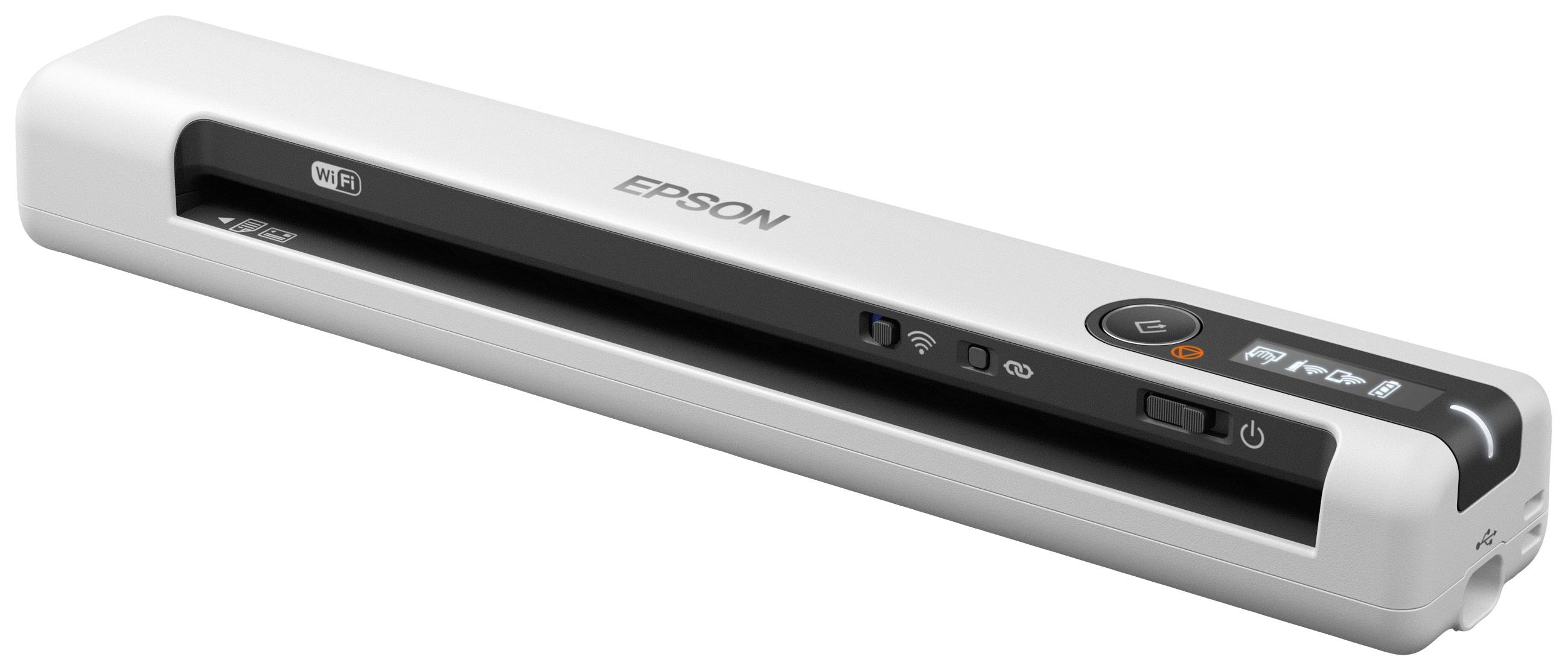 Tragbarer Scanner von Epson in Weiß, mit Wi-Fi-Anzeige und Bedienfeld an der Oberseite.