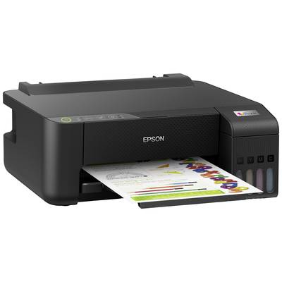 Ein schwarzer Epson-Drucker druckt ein farbiges Dokument mit Grafiken und Text. Auf dem Drucker sind Tintentanks sichtbar.