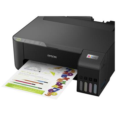 Schwarzer Drucker druckt farbiges Papier mit Diagrammen und Zahlen. Farbtintentanks sind sichtbar. Markenname 'Epson' auf Vorderseite.