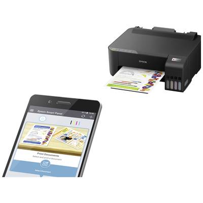 'Drucker druckt ein buntes Dokument aus. Smartphone zeigt die Epson Smart Panel App, die den Druckvorgang steuert.'