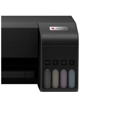 Ein Drucker mit einem EcoTank-System, das vier farbige Tintenbehälter zeigt: Schwarz (BK), Gelb (Y), Magenta (M) und Cyan (C).