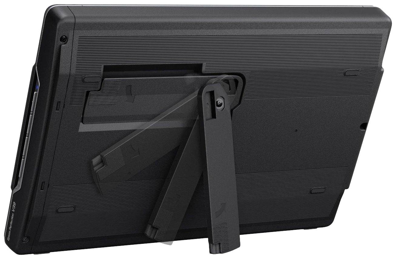 Ein schwarzes Tablet wird von hinten angezeigt. Es hat einen ausklappbaren Ständer in der Mitte, der die Neigung des Geräts unterstützt.