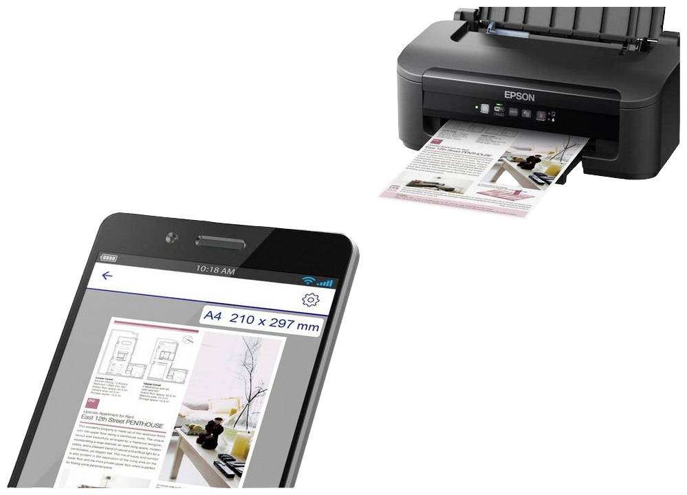 Smartphone zeigt Druckvorschau auf Bildschirm, während Drucker im Hintergrund Dokument ausdruckt. Verbindung zwischen Geräten sichtbar.