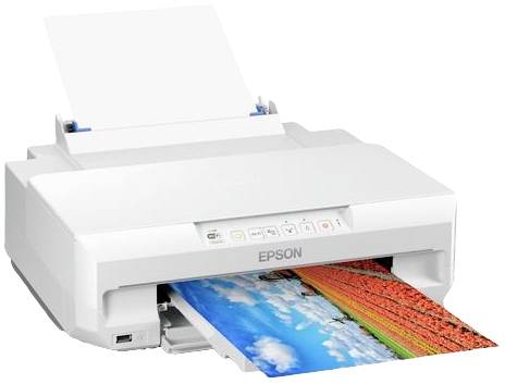 Ein weißer Drucker der Marke Epson druckt ein farbenfrohes Bild mit Himmel und roten Blumen. Der Drucker hat mehrere Bedienknöpfe vorne.