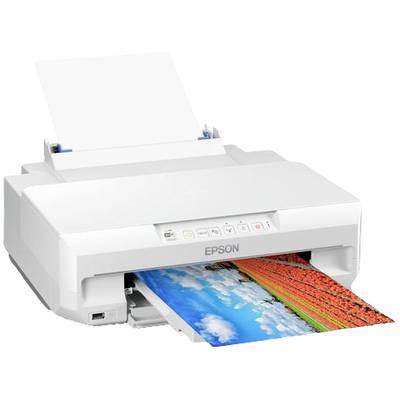 Ein weißer Drucker der Marke Epson druckt ein farbenfrohes Bild mit Himmel und roten Blumen. Der Drucker hat mehrere Bedienknöpfe vorne.