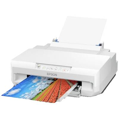 Ein weißer Drucker zeigt einen farbenfrohen Ausdruck von einem blauen Himmel und einem Feld. Papierzufuhr ist oben sichtbar.
