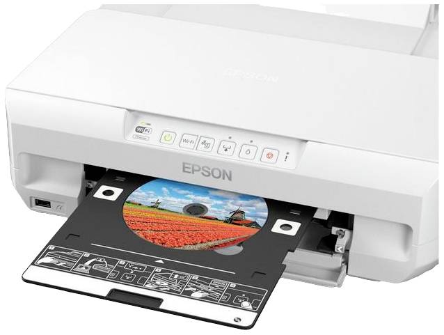 Ein Epson-Drucker druckt ein CD-Label mit einem Bild von roten Tulpenfeldern und Windmühlen im Hintergrund.