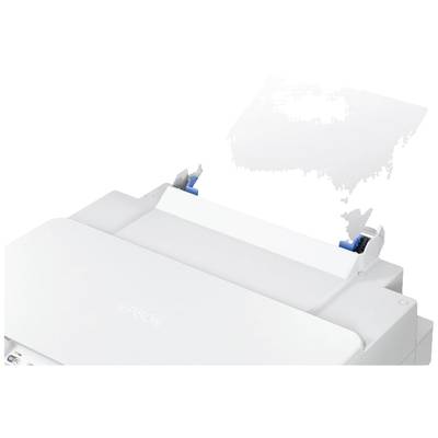 Ein weißer Epson-Drucker mit einem Papierfach, das halb gefüllt ist. Links neben dem Fach befinden sich blaue Papierführungen.