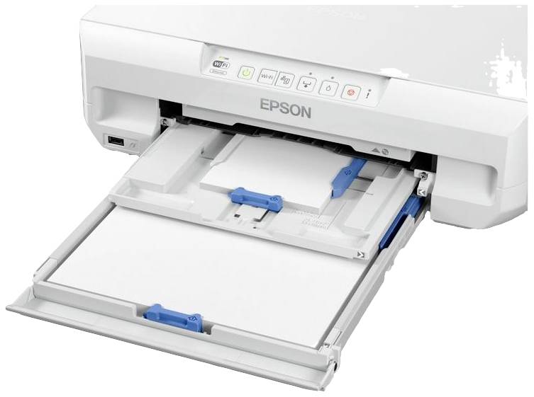 Ein weißer Drucker mit offenem Papierfach. Oben befinden sich Bedienelemente, vorne ragt ein Papiereinzug heraus.