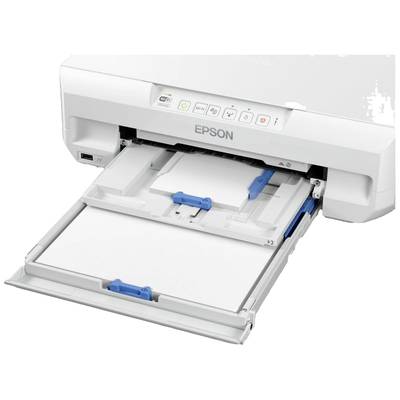 Ein weißer Drucker mit offenem Papierfach. Oben befinden sich Bedienelemente, vorne ragt ein Papiereinzug heraus.