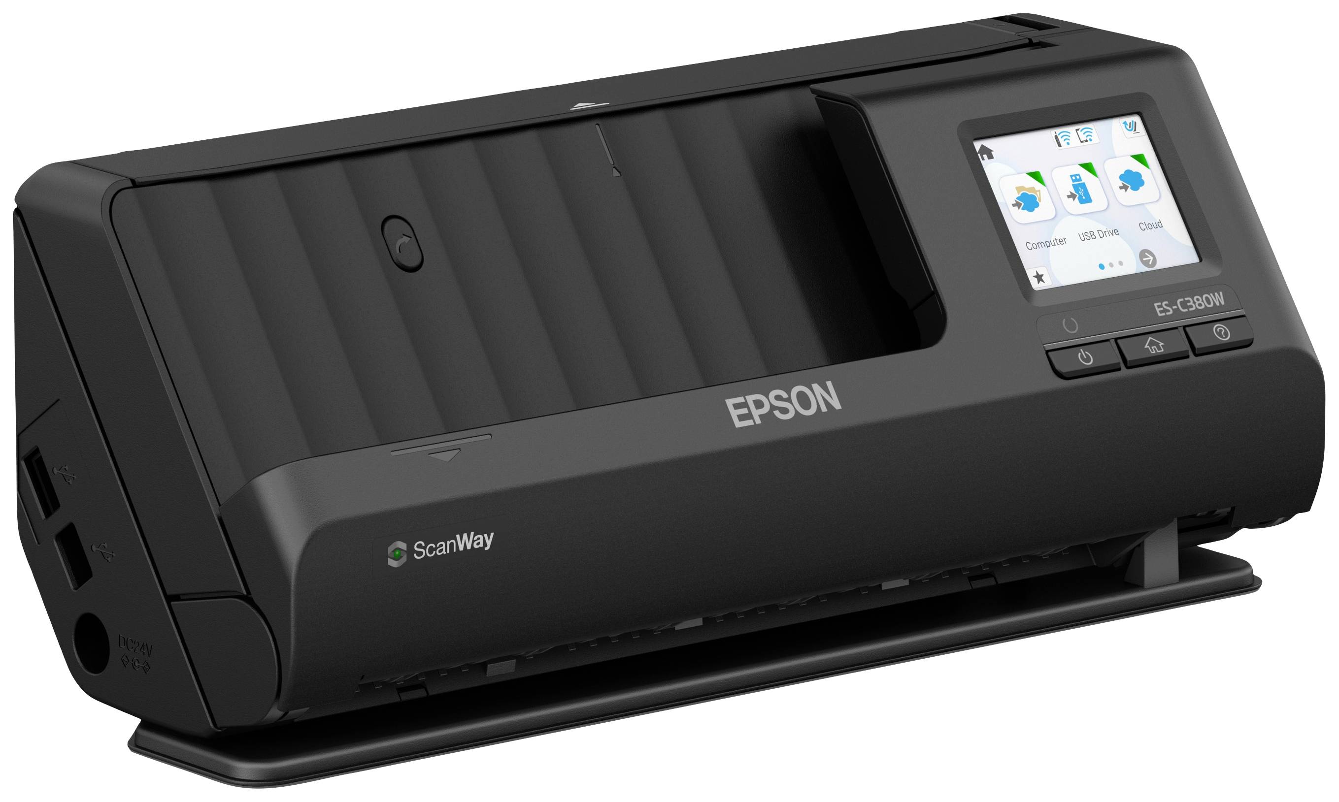 Schwarzer Epson-Scanner mit Display, zeigt Symbole für Scanoptionen und Einstellungen.