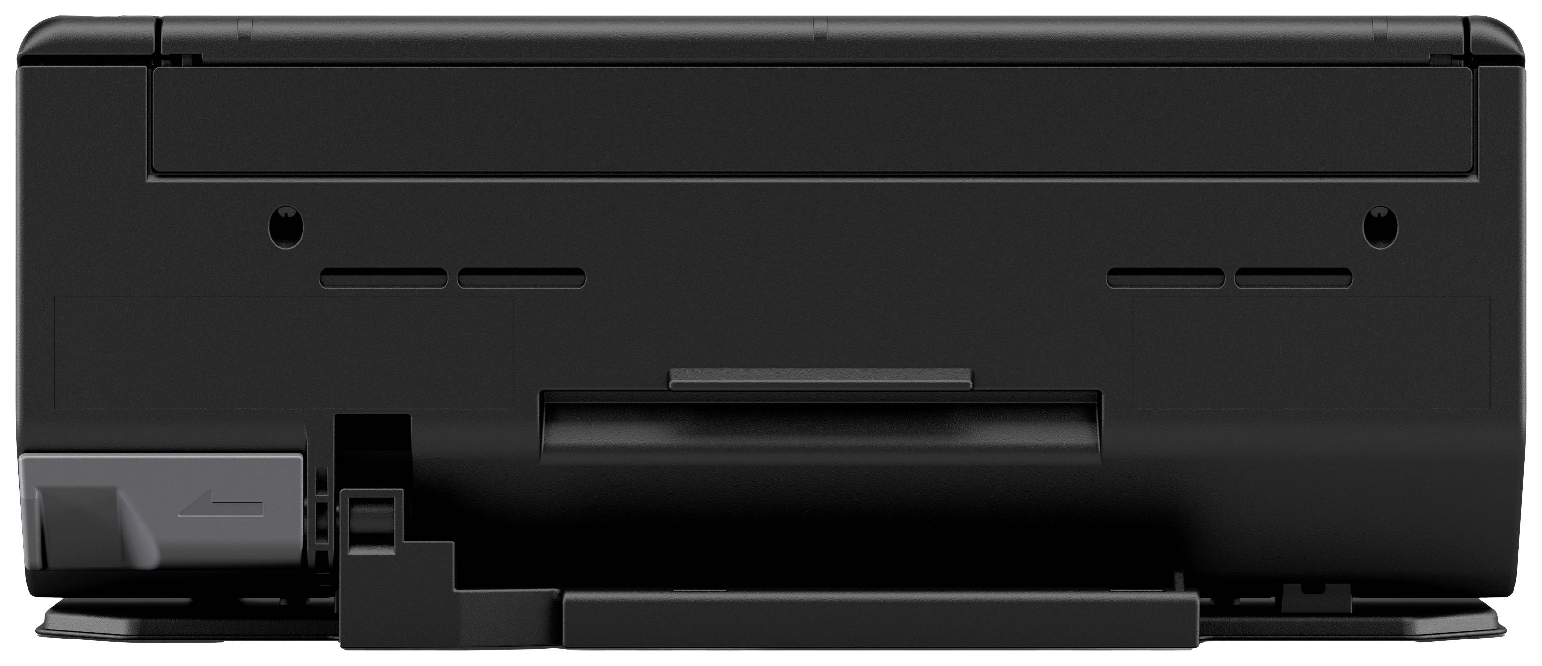 Ein schwarzer Drucker von hinten, mit einem Papierausgabeschacht in der Mitte und Anschlüssen auf der linken Seite.