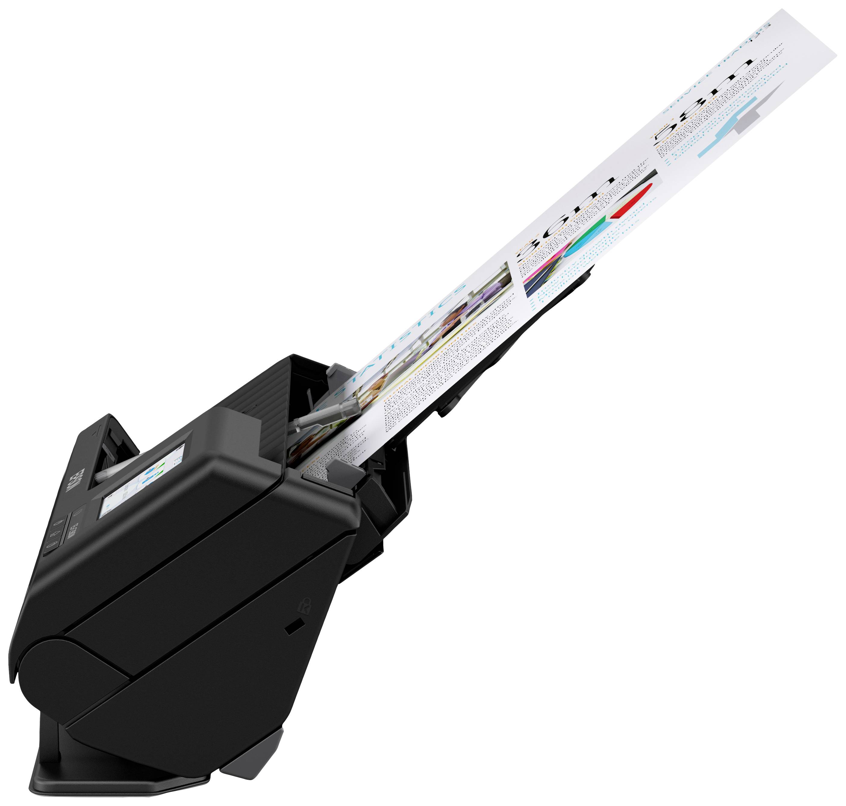 Ein schwarzer Dokumentenscanner digitalisiert ein Papierdokument, das detaillierte Diagramme und Text in mehreren Spalten enthält.