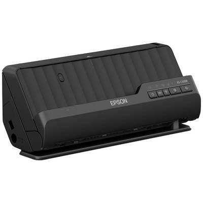 Ein schwarzer Epson-Scanner mit mehreren Bedienelementen und einem Papierhalter, geeignet für die Digitalisierung von Dokumenten.