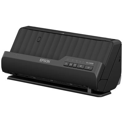 Ein schwarzer Epson Scanner, Modell ES-C320W. Das Gerät hat mehrere Bedienknöpfe auf der Vorderseite und ist für mobile Nutzung geeignet.