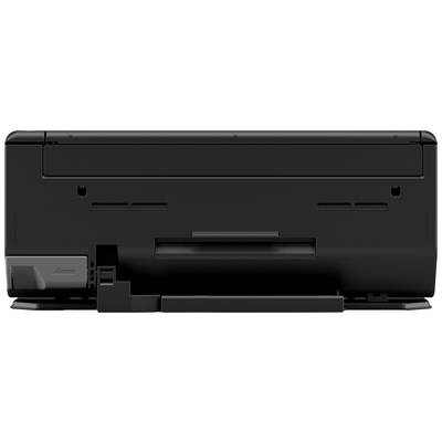 Ein schwarzer Drucker von hinten, mit geschlossener Papierausgabe und sichtbaren Anschlüssen auf der linken Seite.
