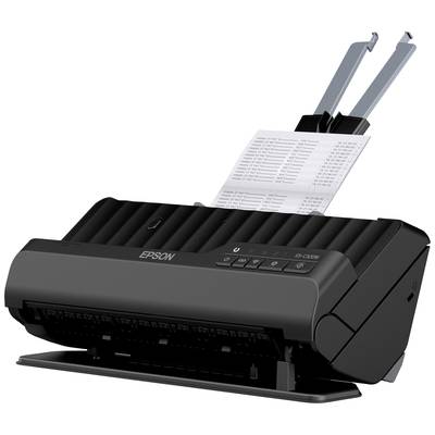 Ein schwarzer Epson-Drucker scannt ein Blatt Papier. Der Drucker hat eine kompakte Bauweise und ist für Dokumentenmanagement geeignet.