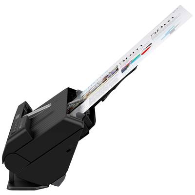 Ein Dokumentenscanner scannt ein farbig bedrucktes Blatt Papier mit Grafiken und Text. Das Gerät ist modern und schwarz.