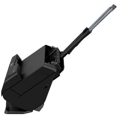 Schwarzer Staubsauger mit langem Saugrohr in seitlicher Ansicht, aufrecht stehend.