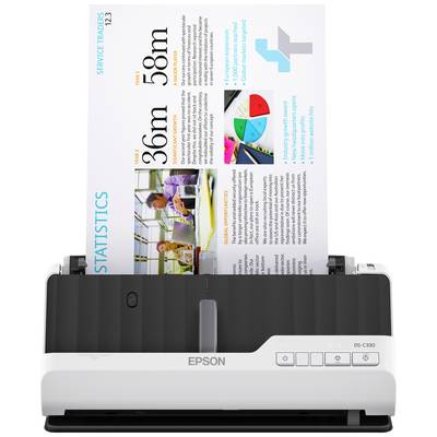 Ein flacher Dokumentenscanner von Epson scannt farbiges Papier mit Diagrammen und Texten zu Service-Prognosen und Statistiken.