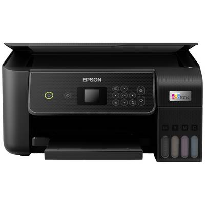 Ein schwarzer Epson-Drucker mit EcoTank-System, erkennbar an den vier Tintentanks auf der rechten Seite, für Farbdrucke.