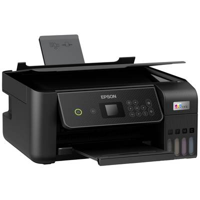 Schwarzer Epson-Drucker mit Bedienfeld und Tintennachfüllbehältern; geöffnetes Papierfach.