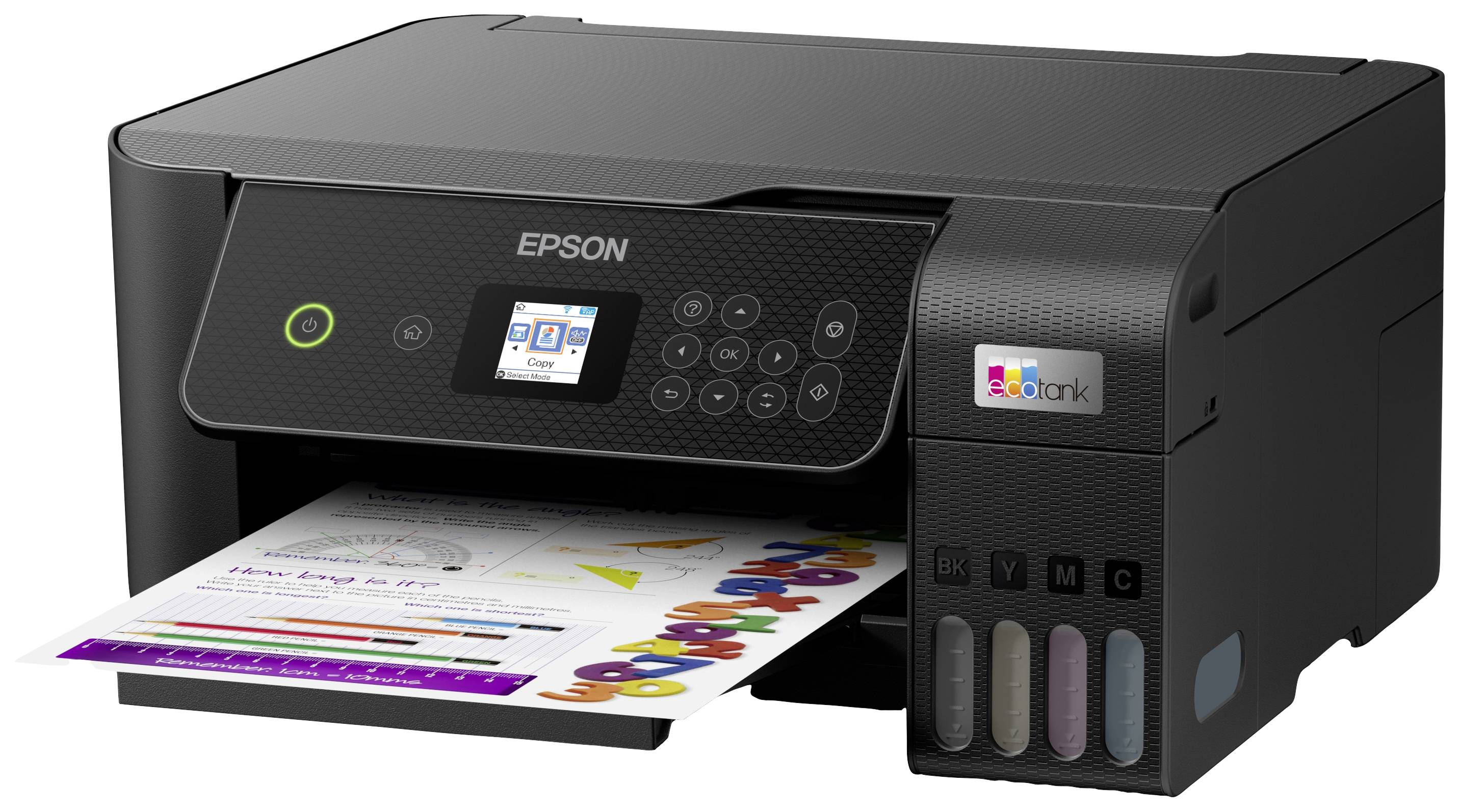 Ein schwarzer Drucker druckt ein farbiges Dokument. Auf der Vorderseite sind ein Bildschirm und Tasten erkennbar. Markenname sichtbar.