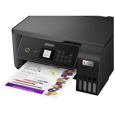 Drucker der Marke Epson mit einem Dokument, das Farben und Diagramme zeigt.
