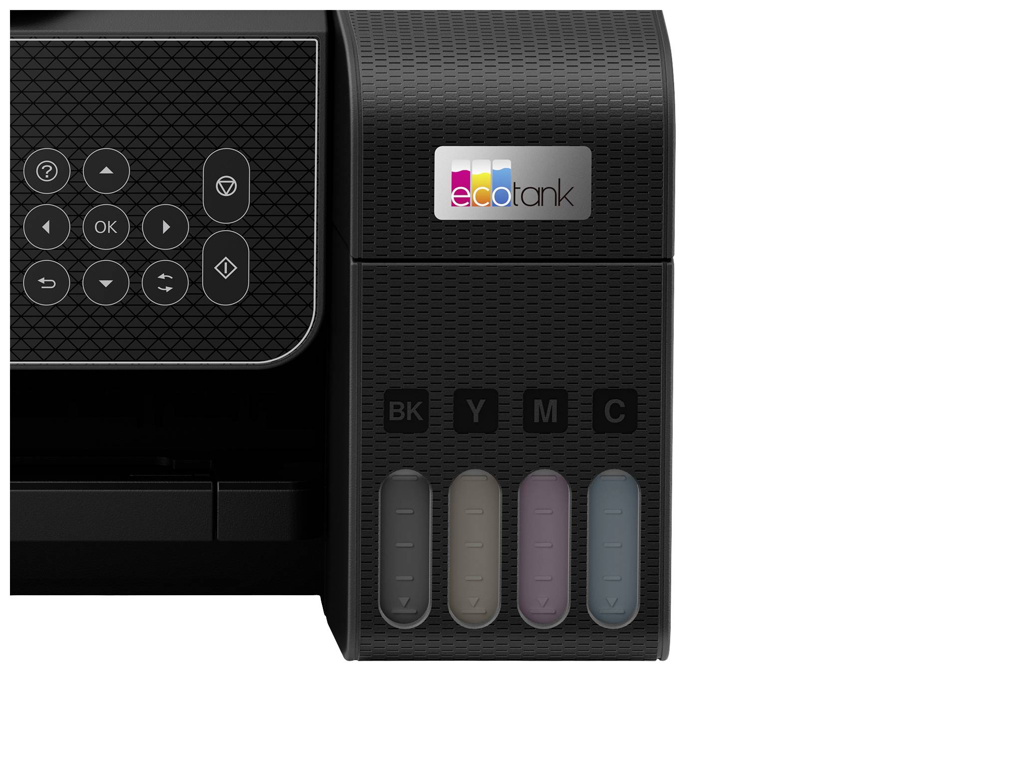 Drucker mit Tintentanksystem, zeigt vier farblich gekennzeichnete Tintentanks: Schwarz, Gelb, Magenta, Cyan.