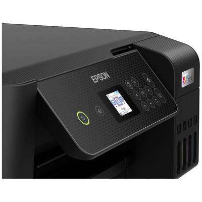 Ein schwarzer Epson-Drucker mit Bedienfeld und digitalem Display. Der Einschaltknopf leuchtet grün.