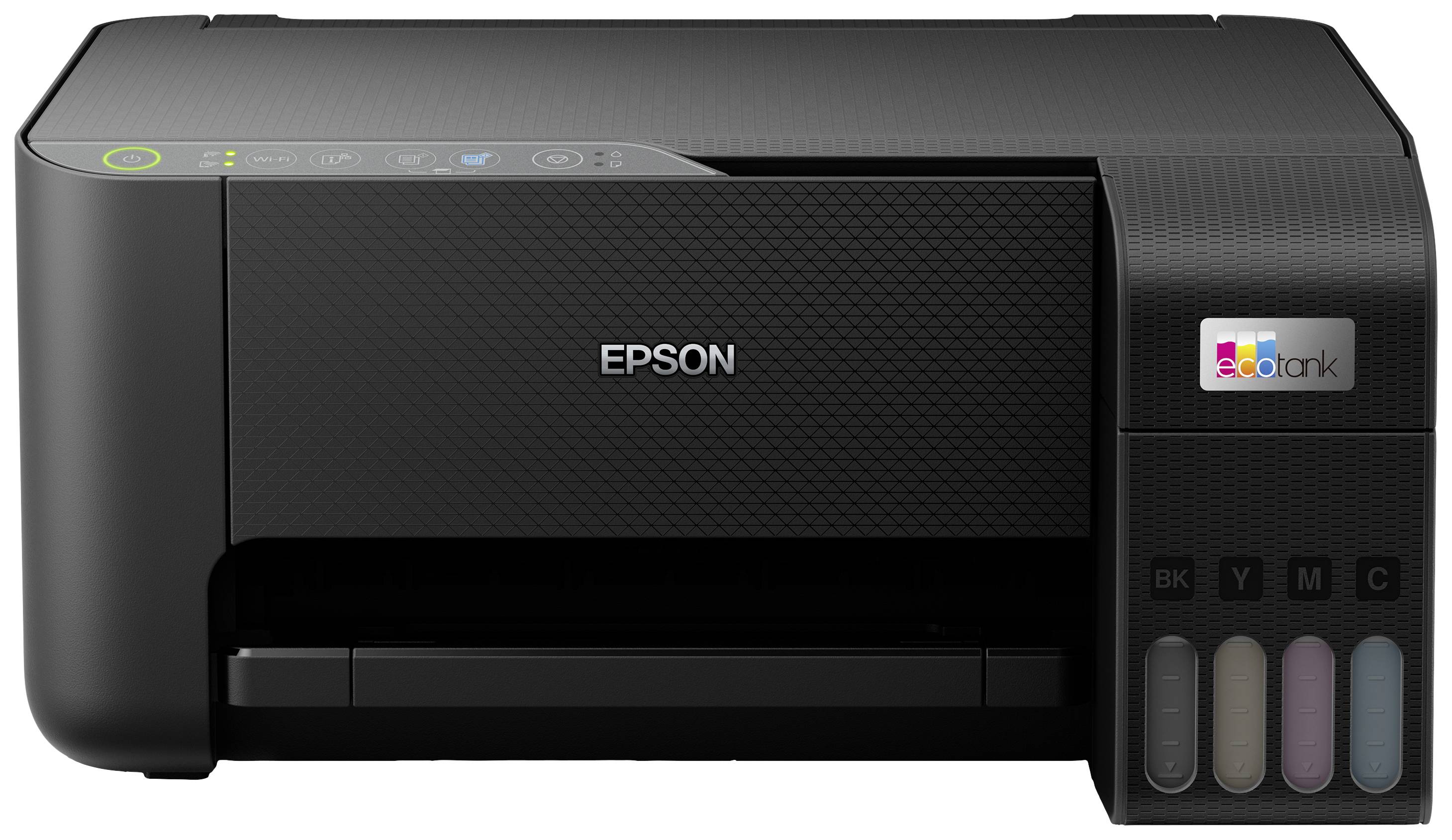 Drucker in schwarzer Farbe mit sichtbaren Tintentanks rechts, Markenname vorne. Modell zur Vorderansicht mit minimalistischem Design.