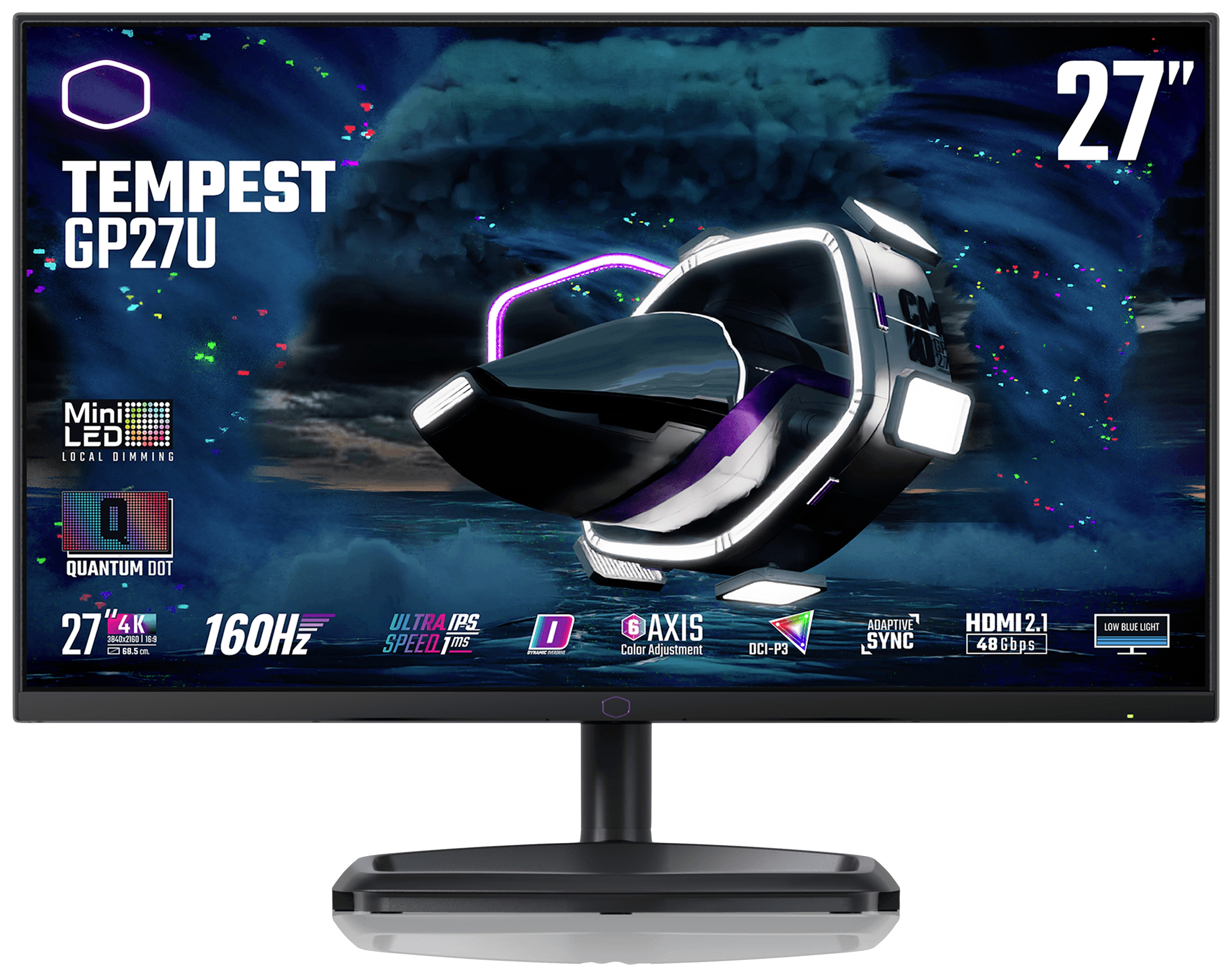 Ein Monitor zeigt futuristische Grafik mit schwebendem Helm und roten Wolken. Textdetails: '27"', 'Tempest GP27U', 'Mini LED', 'Quantum Dot', '160Hz'.