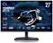 Ein Monitor zeigt futuristische Grafik mit schwebendem Helm und roten Wolken. Textdetails: '27"', 'Tempest GP27U', 'Mini LED', 'Quantum Dot', '160Hz'.