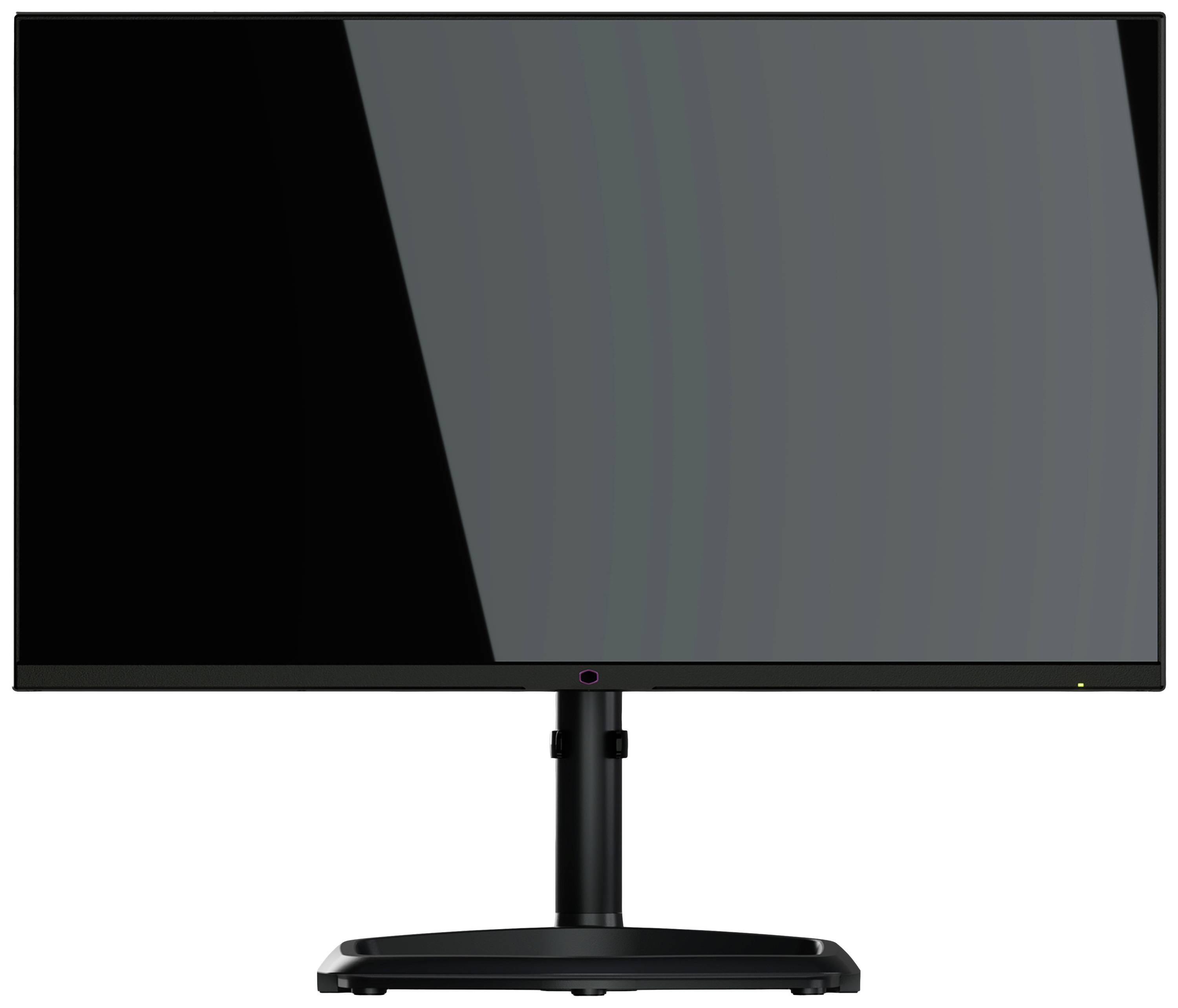 Ein schwarzer Computerbildschirm mit schmalem Rahmen steht frontal auf einem rechteckigen Standfuß. Der Bildschirm ist ausgeschaltet.
