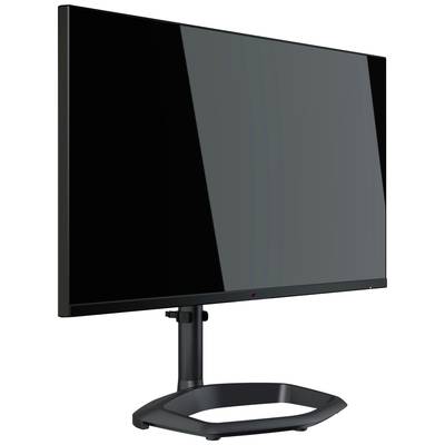 Ein moderner Computermonitor mit schlankem Design und dünnem Rahmen, auf einem schwarzen, stabilen Standfuß montiert. Ideal für Büroumgebungen.