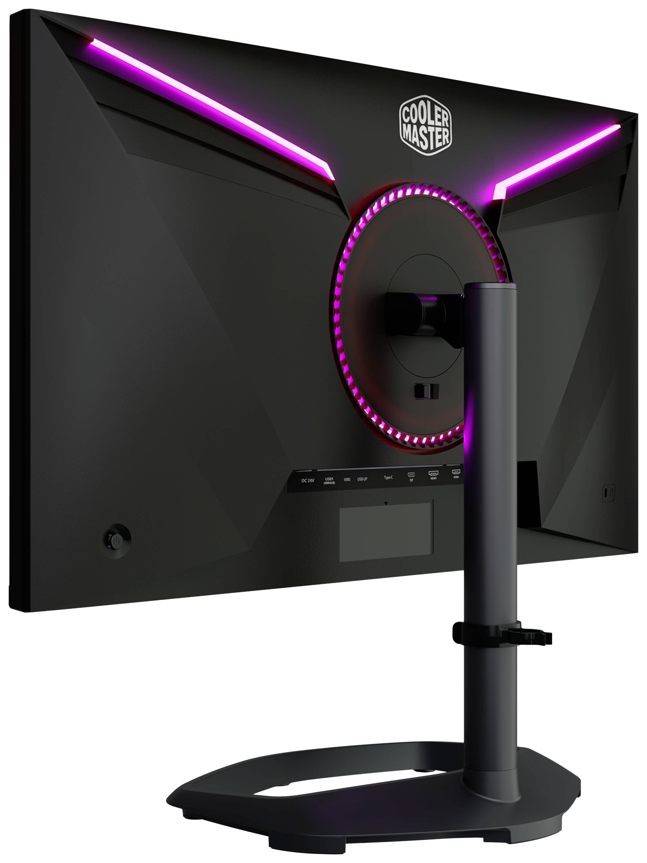 Hinteransicht eines Computerbildschirms mit violetten LED-Lichtern und einem silbernen Standfuß. Das Logo ist oben aufgedruckt.