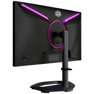 Hinteransicht eines Computerbildschirms mit violetten LED-Lichtern und einem silbernen Standfuß. Das Logo ist oben aufgedruckt.