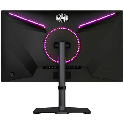 Ein Computerbildschirm von hinten mit leuchtenden, pinken LED-Streifen und dem Logo 'Cooler Master' oben in der Mitte.