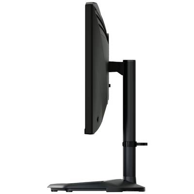 Ein Computerbildschirm in seitlicher Ansicht mit verstellbarem Standfuß, der die Höhe und Neigung des Monitors unterstützt.